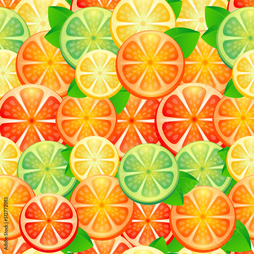 Vector Seamless Pattern with different slice Citruses: Grapefruit, Lemon, Lime, Orange.