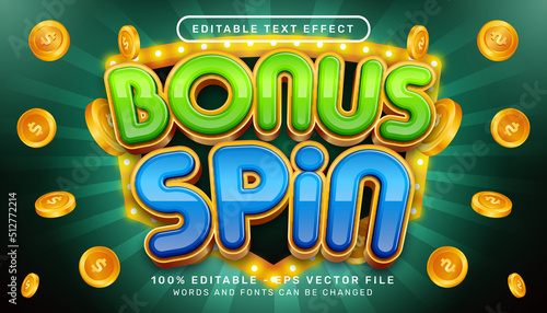 Editable text effect, bonus spin casino 3d style concept	