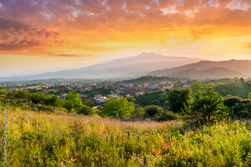 view from hill with golden grass and green bushes to a valley town with majectic mountains and scenic cloudy sunset on background