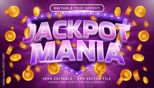 Editable text effect, jackpot mania casino 3d style concept	