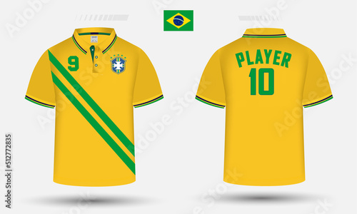  Brazil Football team jersey Design along with the Brazil flag and icon. Men's polo shirt design.