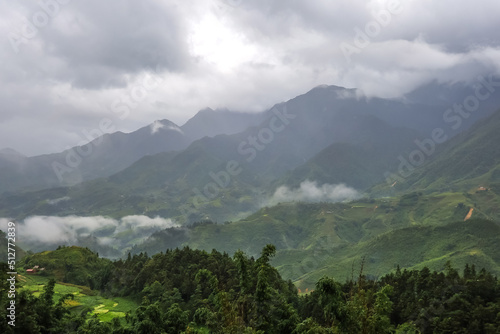 Morning fog,cloudy sky and mountain ranges in Sapa,Lao Cai Province,north-west Vietnam.