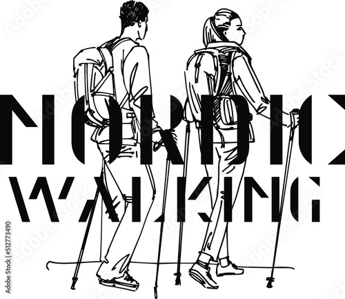 the vector ink illustration of the walking hiking person