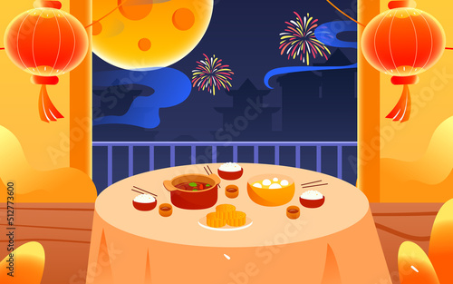 Mid-autumn festival family sits and eats at the table with Moon River buildings in the background, vector illustration