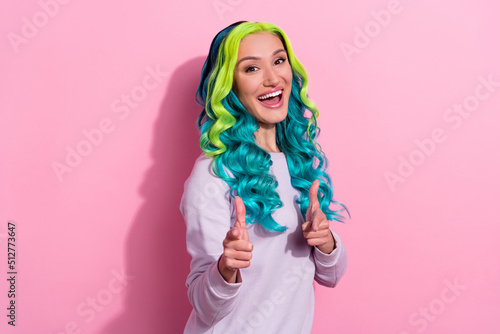 Photo of young cheerful positive lady laughing point fingers you say hello hi isolated on pink color background