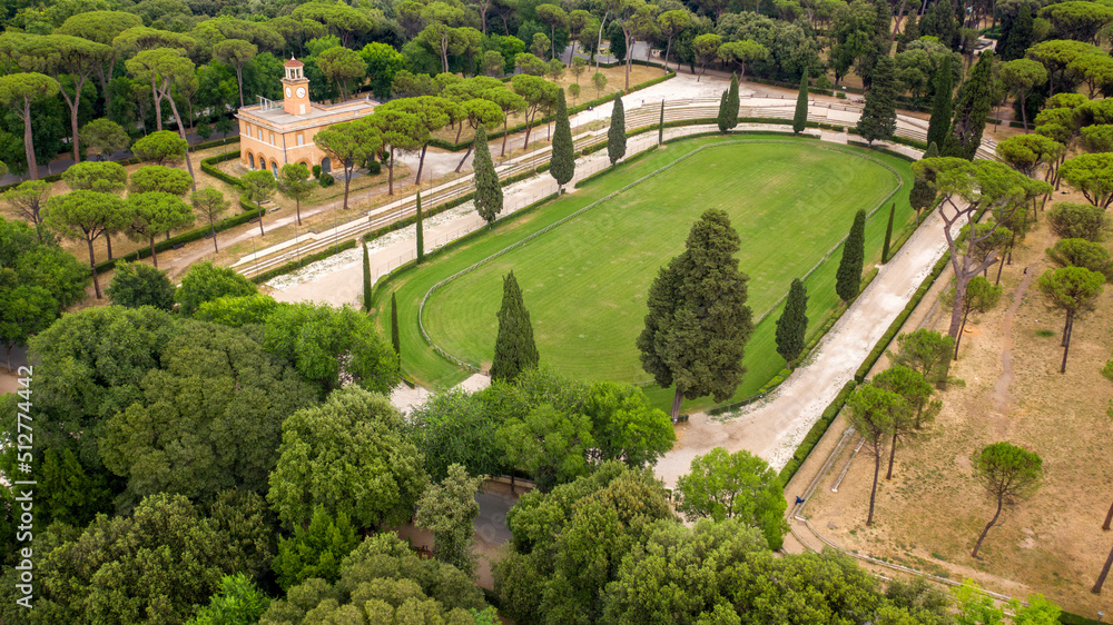 Aerial view of Siena Square in Rome, Italy. It is located inside the Villa Borghese park and equestrian competitions are held here every year.