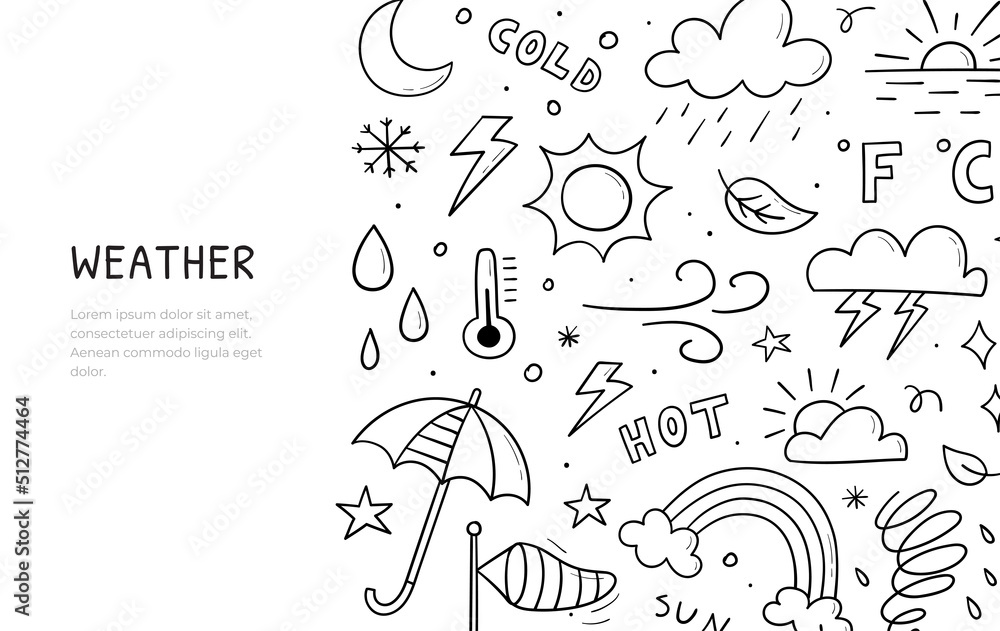 Doodle set of weather theme items. Horizontal banner template. Contains vector sign of the sun, clouds, snowflakes, wind, rain, moon, lightning and more isolated on white background.