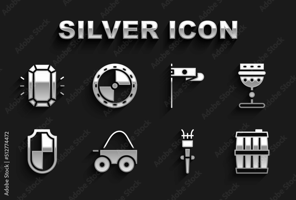 Set Wooden four-wheel cart, Medieval goblet, barrel, Torch flame, Shield, flag, Diamond and Round wooden shield icon. Vector Set Wooden four-wheel cart, Medieval goblet, barrel, Torch flame, Shield, flag, Diamond and Round wooden shield icon. Vector