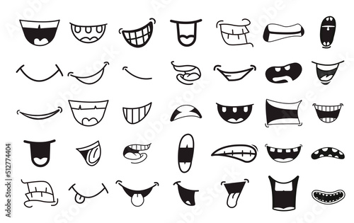 Set of smiling mouth doodle. Cartoon mouth