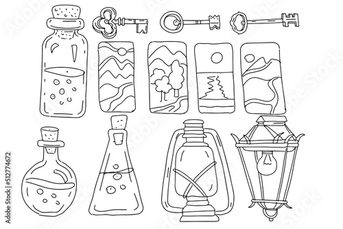 Hats keys different old vintage retro hatbox fairy tale Alice in Wonderland hand drawn sketch doodle set large separately on a white background black and white graphics coloring 
