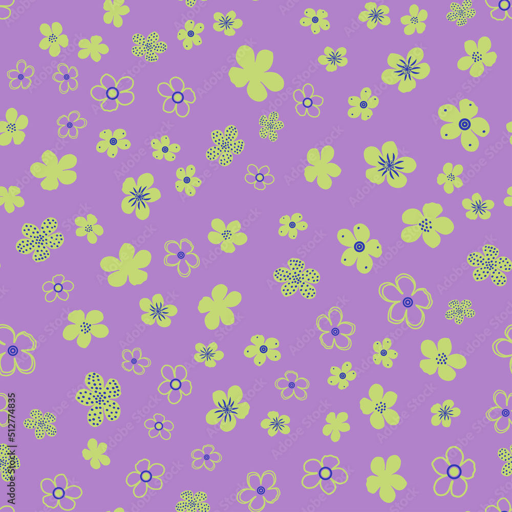 Seamless vector pattern with olive flowers on a lilac background. Texture for baby print, postcard, wallpaper, wrapping paper, packaging