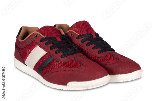 red male sneakers with laces isolated on white