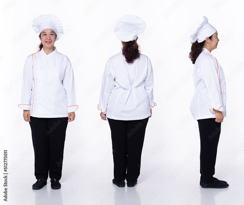 Full length 40s 50s Asian Senior Woman Cooking Chef, 360 front side back rear