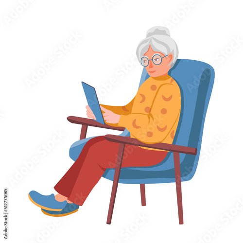 An elderly woman is sitting in a chair and holding a smartphone in her hands. A modern grandmother. Vector isolated flat illustration on white background