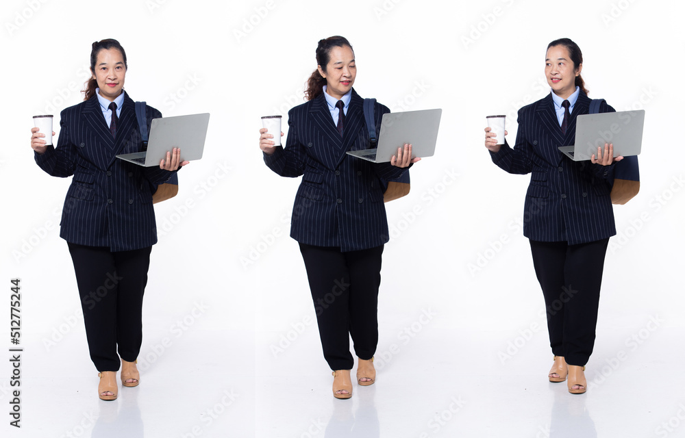 Full length 40s 50s Asian Senior Woman business executive manager, walking forward left right Full length 40s 50s Asian Senior Woman business executive manager, walking forward left right