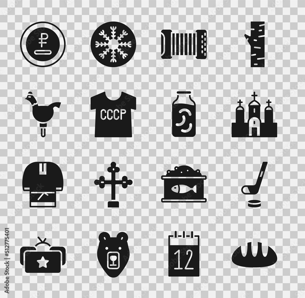Set Bread loaf, Ice hockey stick and puck, Church building, Accordion, USSR t-shirt, Cockerel lollipop, Rouble, ruble currency and Pickled cucumbers jar icon. Vector Set Bread loaf, Ice hockey stick and puck, Church building, Accordion, USSR t-shirt, Cockerel lollipop, Rouble, ruble currency and Pickled cucumbers jar icon. Vector