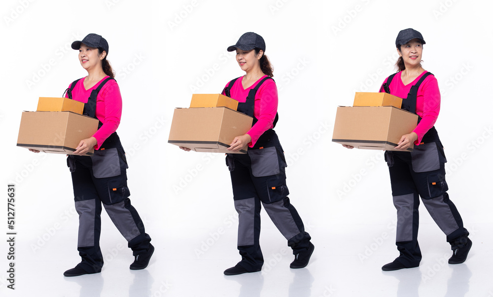 Full length 40s 50s Asian Senior Woman delivery package company, walking forward left right Full length 40s 50s Asian Senior Woman delivery package company, walking forward left right