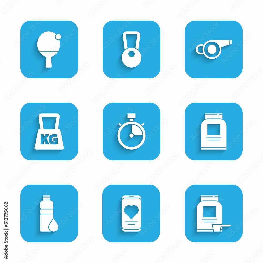 Set Stopwatch, Mobile with heart rate, Sports nutrition, Fitness shaker, Weight, Whistle and Racket and ball icon. Vector Set Stopwatch, Mobile with heart rate, Sports nutrition, Fitness shaker, Weight, Whistle and Racket and ball icon. Vector