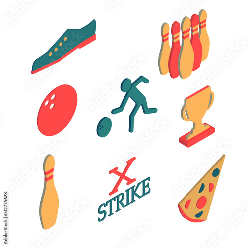 Vector design icon set bowling, flat bowlig game icons