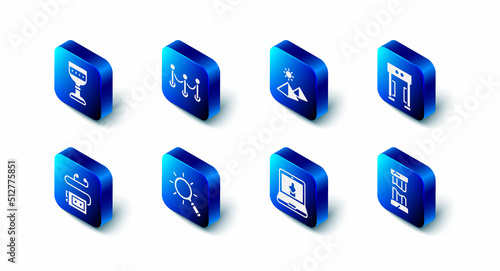 Set Rope barrier, Egypt pyramids, Metal detector, Broken ancient column, Online museum, Magnifying glass, Museum audio guide and Medieval goblet icon. Vector