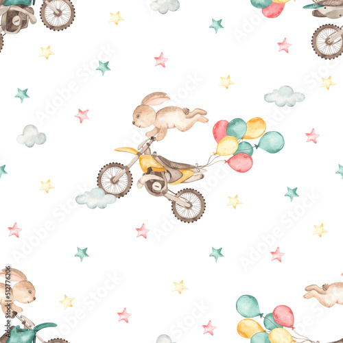 Watercolor seamless pattern with dirt bikes, bunny racers, balloons, stars, clouds photo