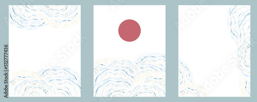 Set of fluid Japanese ocean wave vintage poster designs. Abstract red rising sun landscape background for marketing flyer