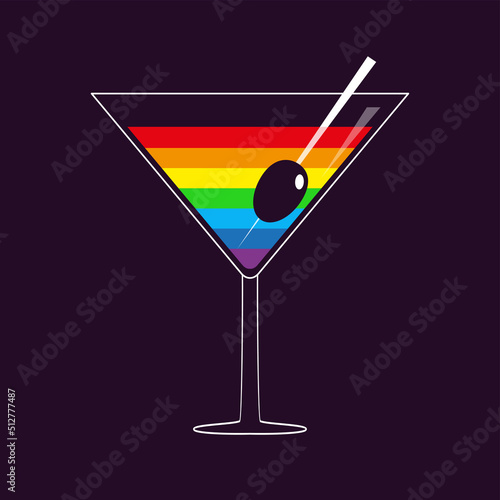 Rainbow cocktail. Martini glass. Olive stick. Drink gay party. LGBT sign symbol. Menu template. Flat design. Dark background. Isolated.