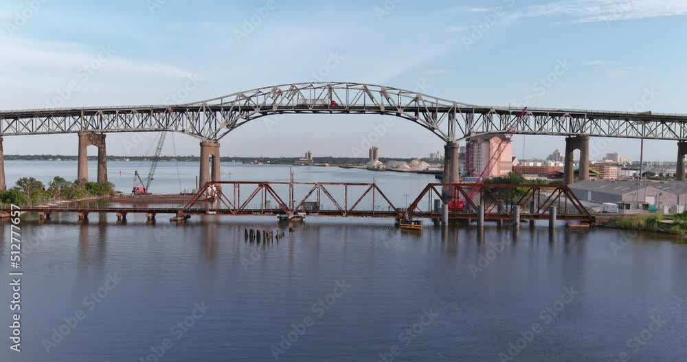 Aerial of cars traveling over the Calcasieu River Bridge in Lake Charles, Louisiana Aerial of cars traveling over the Calcasieu River Bridge in Lake Charles, Louisiana