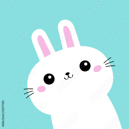 Bunny rabbit hare face icon in the corner. Cute kawaii funny animal. Happy Easter. Cartoon funny baby character. Kids print for poster, t-shirt cloth. Love card. Flat design. Blue background.
