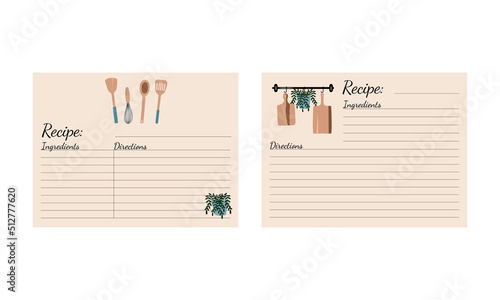 Recipe cards or sheet templates for making notes about meal preparation and cooking ingredients. Empty cookbook pages. Vector illustration.