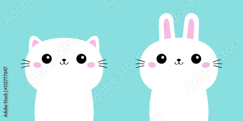 White cat kitten kitty bunny rabbit icon set. Funny face. Happy Easter. Kawaii cute cartoon baby character. Happy Valentines Day. Flat design. Blue background. Isolated.