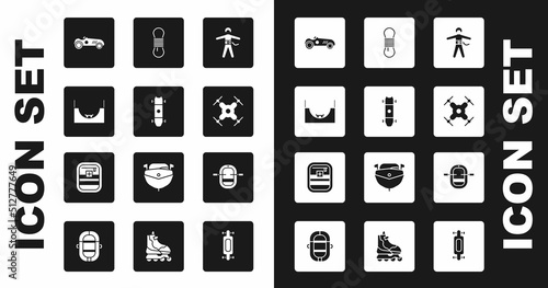 Set Bungee jumping, Longboard or skateboard, Skate park, Vintage sport racing car, Drone flying, Climber rope, Rafting boat and First aid kit icon. Vector