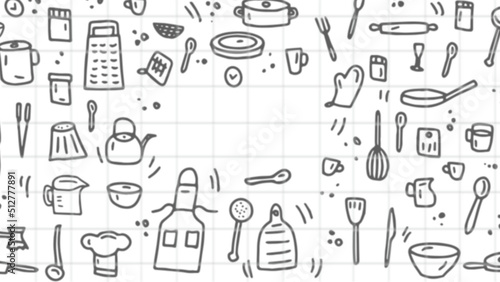 Cooking icons and line drawings drawn on a white tiled wall  leaving the middle part empty for a title  vector illustration