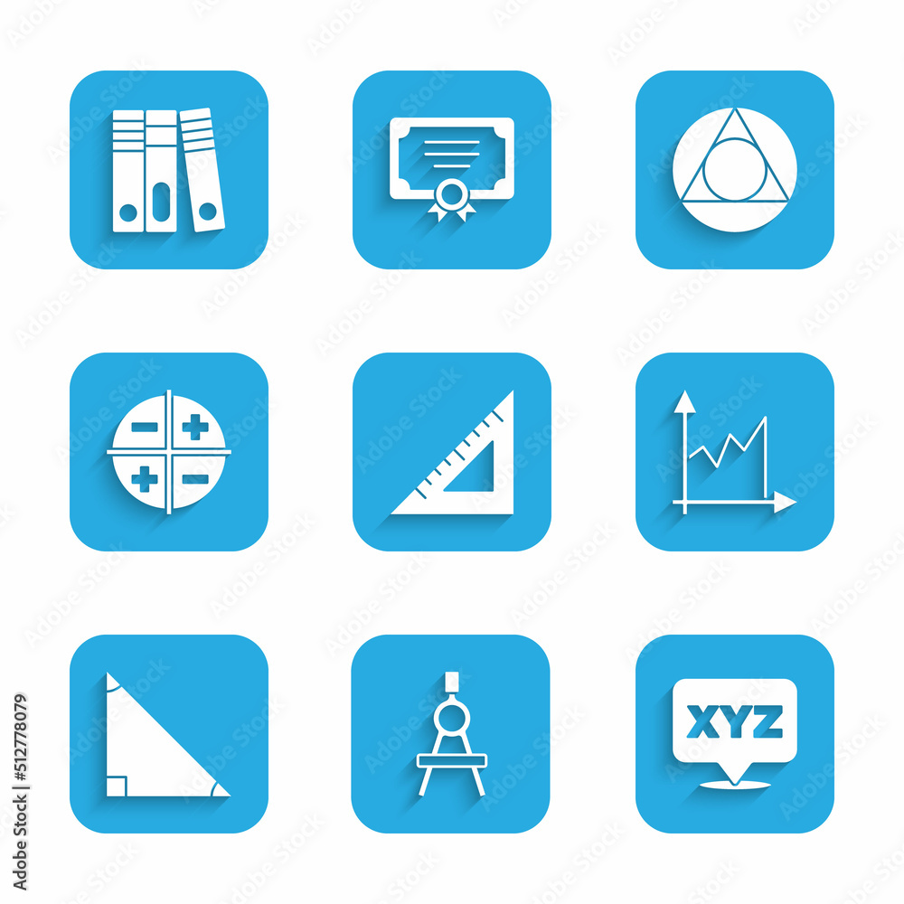 Set Triangular ruler, Drawing compass, XYZ Coordinate system, Graph, schedule, chart, diagram, Triangle math, and Office folders icon. Vector Set Triangular ruler, Drawing compass, XYZ Coordinate system, Graph, schedule, chart, diagram, Triangle math, and Office folders icon. Vector