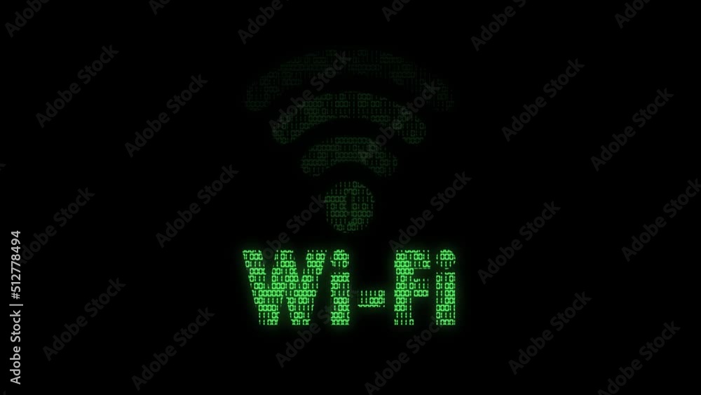 Classic animated wifi symbol with animated binary code texture in green color scheme on a black background Classic animated wifi symbol with animated binary code texture in green color scheme on a black background