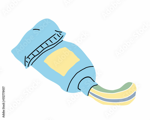 Vector illustration of cartoon doodle blue toothpaste isolated on white background. Hand drawn design. Object of medicine dental hygiene. Wash teeth element. Medical tube with paste for oral healthy.