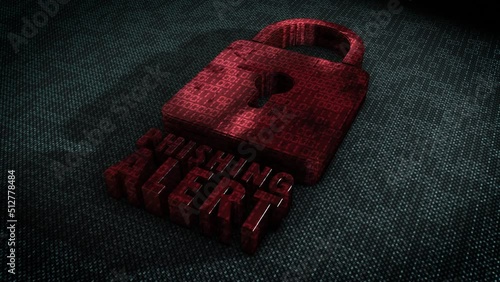 Stylish and hyper realistic 3D CGI render of a stylised system security padlock on a hitech surface overlaid with animated binary code with the message Phishing Alert in metallic red photo