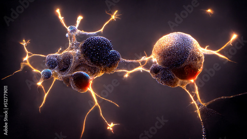 Neurons firing electrical impulses  and neurotransmitters into synapses between axons and dendrites 3d rendering photo