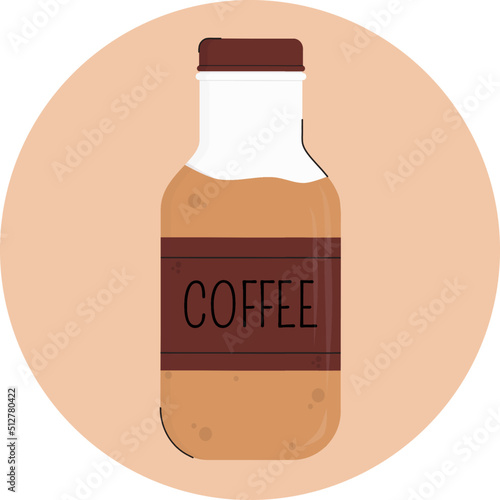 Glass coffee bottle. Coffee bottle icon. Bottle of coffee with brown label. Round icon. Flat style vector illustration