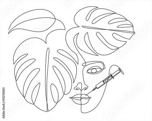 Continuous line beauty surgery concept. One line female portrait. One line syringe, lip filters