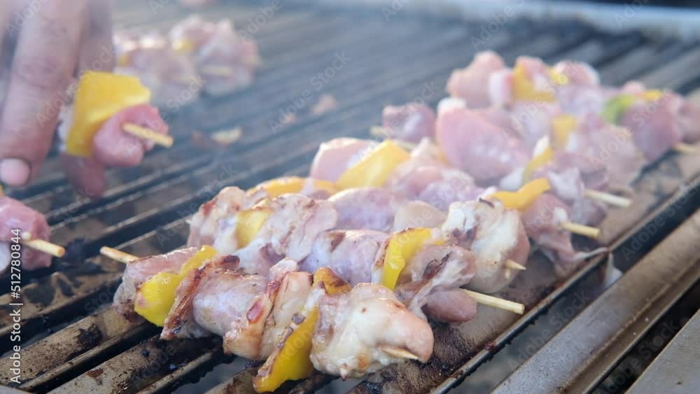 Grilled chicken and yellow pepper kebab cooked on the grill