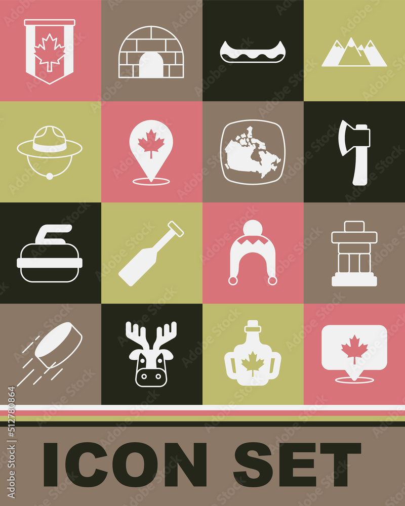 Set Canadian maple leaf, Inukshuk, Wooden axe, Kayak, ranger hat, Pennant flag of Canada and icon. Vector Set Canadian maple leaf, Inukshuk, Wooden axe, Kayak, ranger hat, Pennant flag of Canada and icon. Vector
