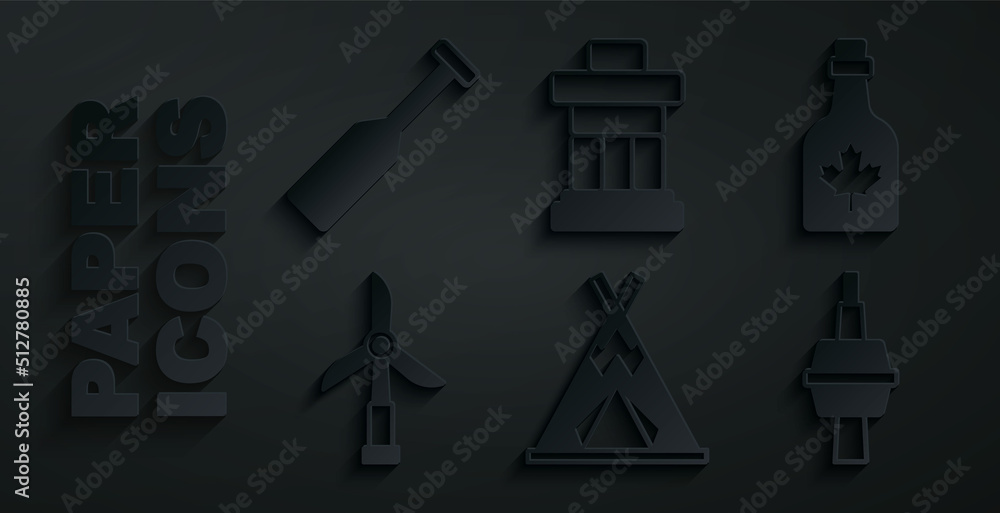 Set Indian teepee or wigwam, Bottle of maple syrup, Wind turbine, TV CN Tower Toronto, Inukshuk and Paddle icon. Vector