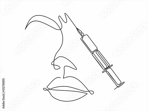 Continuous line, Young woman making anti-aging injections . Drawing of set Beauty. Vector illustration one line drawing