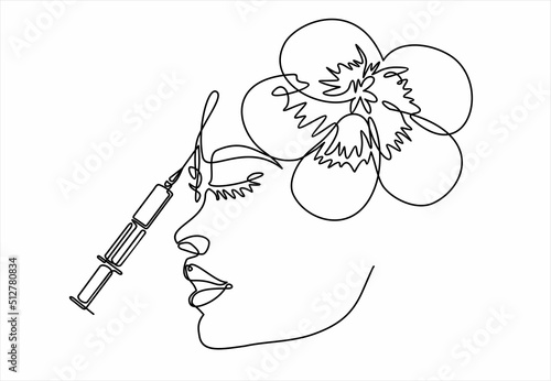 Continuous line, Young woman making anti-aging injections . Drawing of set Beauty. Vector illustration one line drawing photo