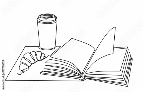 Continuous line drawing of book and coffee and croissant , vector illustration, one line