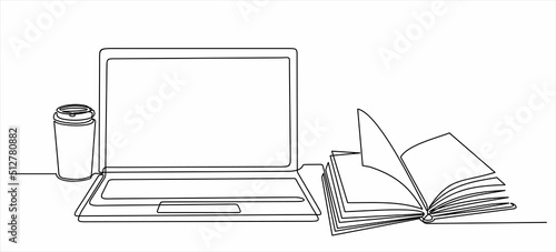 One continuous line drawing of computer laptop, book and a cup of coffee. Study space desk concept. Single line draw design vector illustration