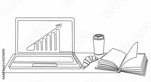 One continuous line drawing of computer laptop with a chart on it, book, a cup of coffee and croissant. Study space desk concept. Single line draw design vector illustration