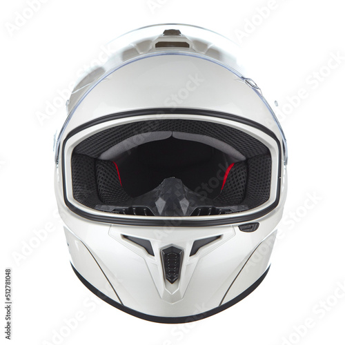 Modern motorcycle helmet made of white glossy carbon fiber, with neck fixation and adjustable air intakes, with a open glass, isolated on a white background. Front view.