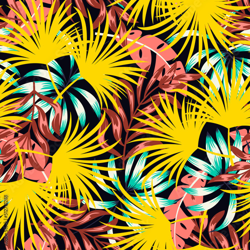 Abstract seamless tropical pattern with bright plants and leaves on a black background. Summer colorful hawaiian. Tropical botanical. Beautiful print with hand drawn exotic plants.